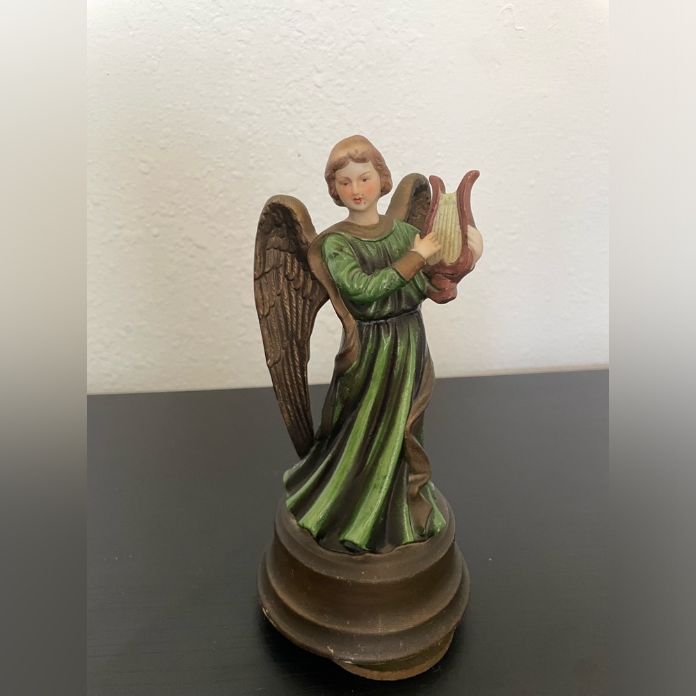 Vintage Gold and Green Paper Mache Musical Angel -- Plays Silent Night,